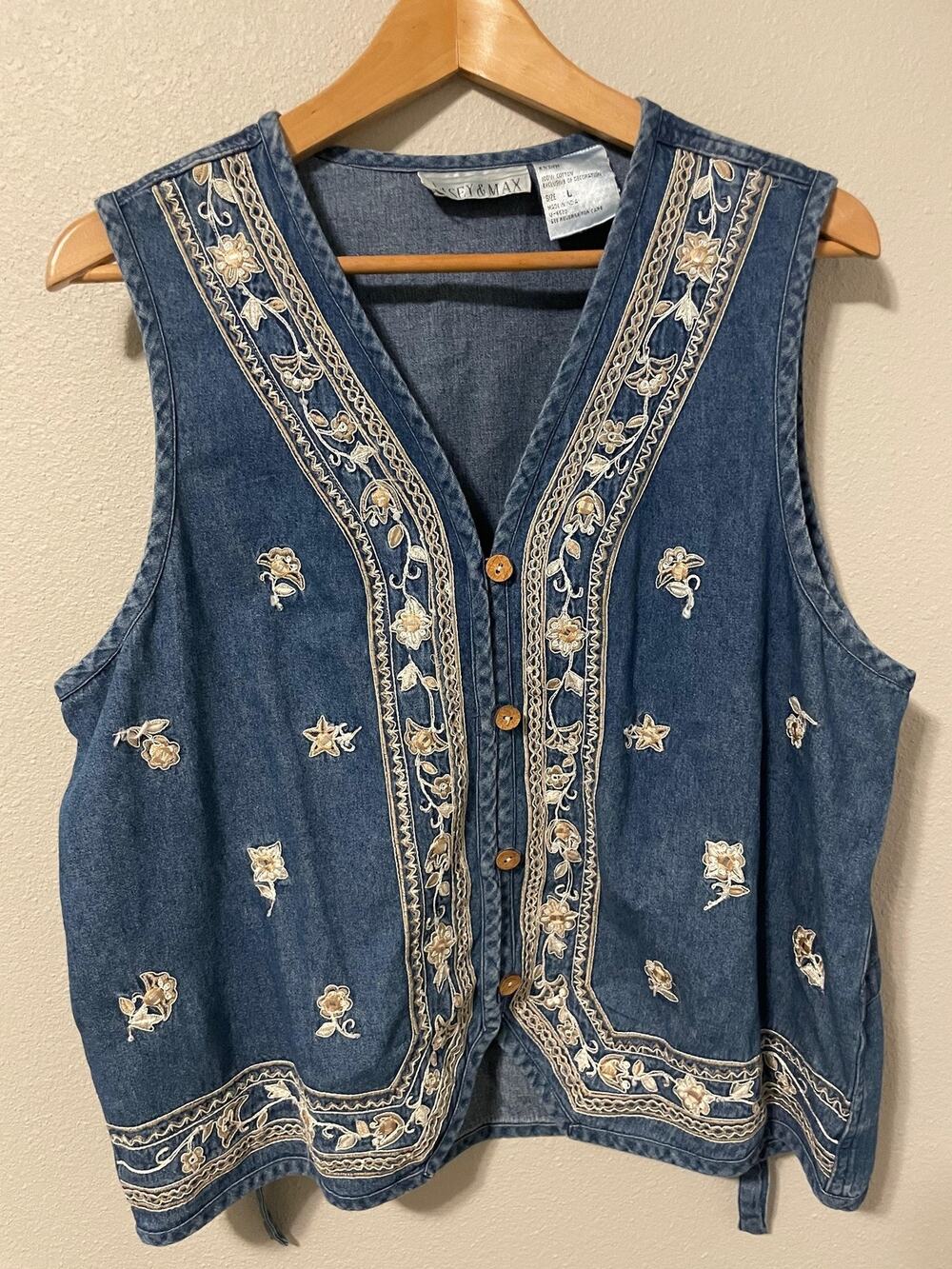 Vintage Casey & Max Vest Womens Large Blue Denim Floral Embroidered Button Up